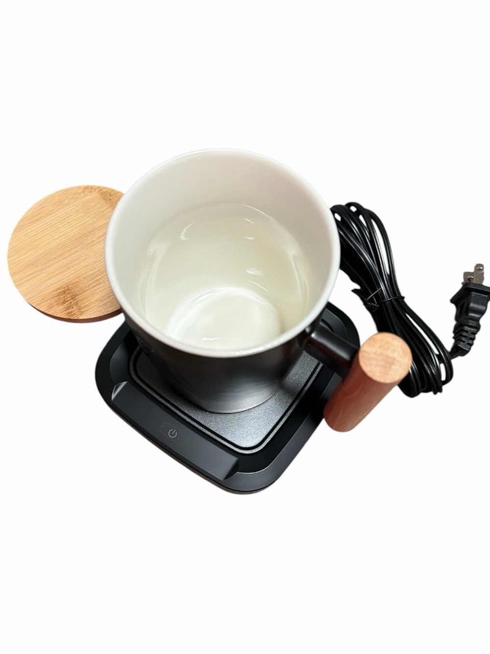 Electric Mug Warmer with Ceramic Cup and Wooden Handle - Black